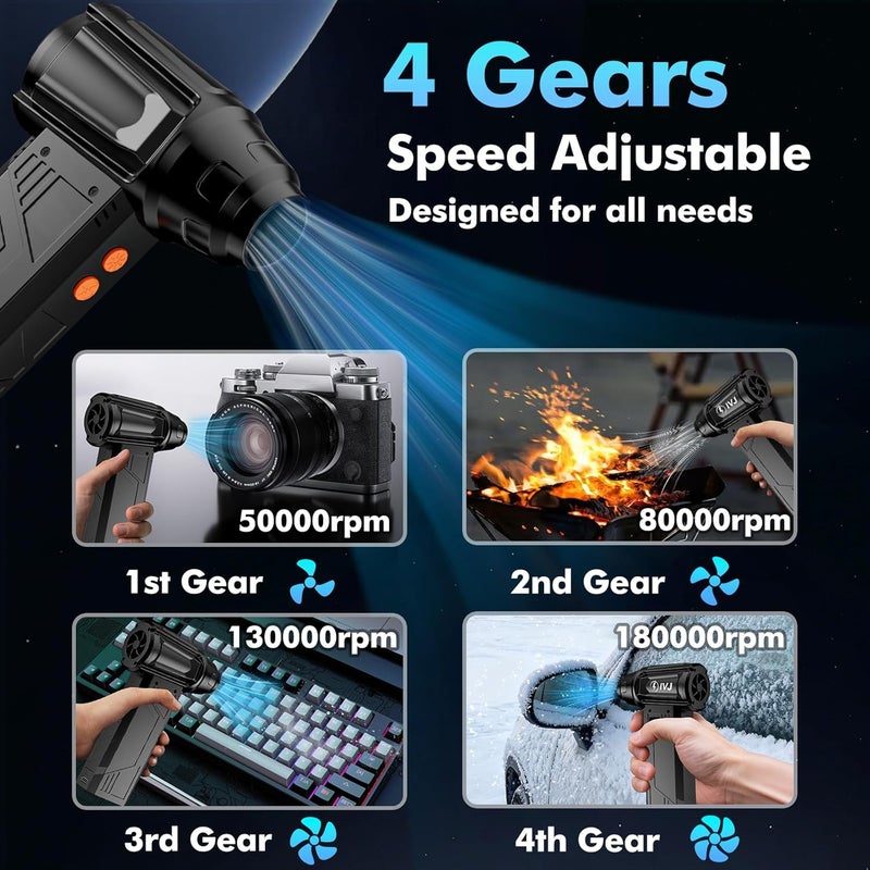 IVJ Compressed Air Duster, 180000RPM Super Power Cordless Electric Air Duster with LED Light Rechargeable 4 Gear Adjustable Mini Air Duster, Dust Blower for Computer, Keyboard, House, Outdoor and Car - Image 3